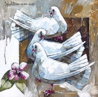 Iqbal Durrani, Friends Trio, 18 x 18 Inch, Oil on Canvas, Pigeon Painting, AC-IQD-202